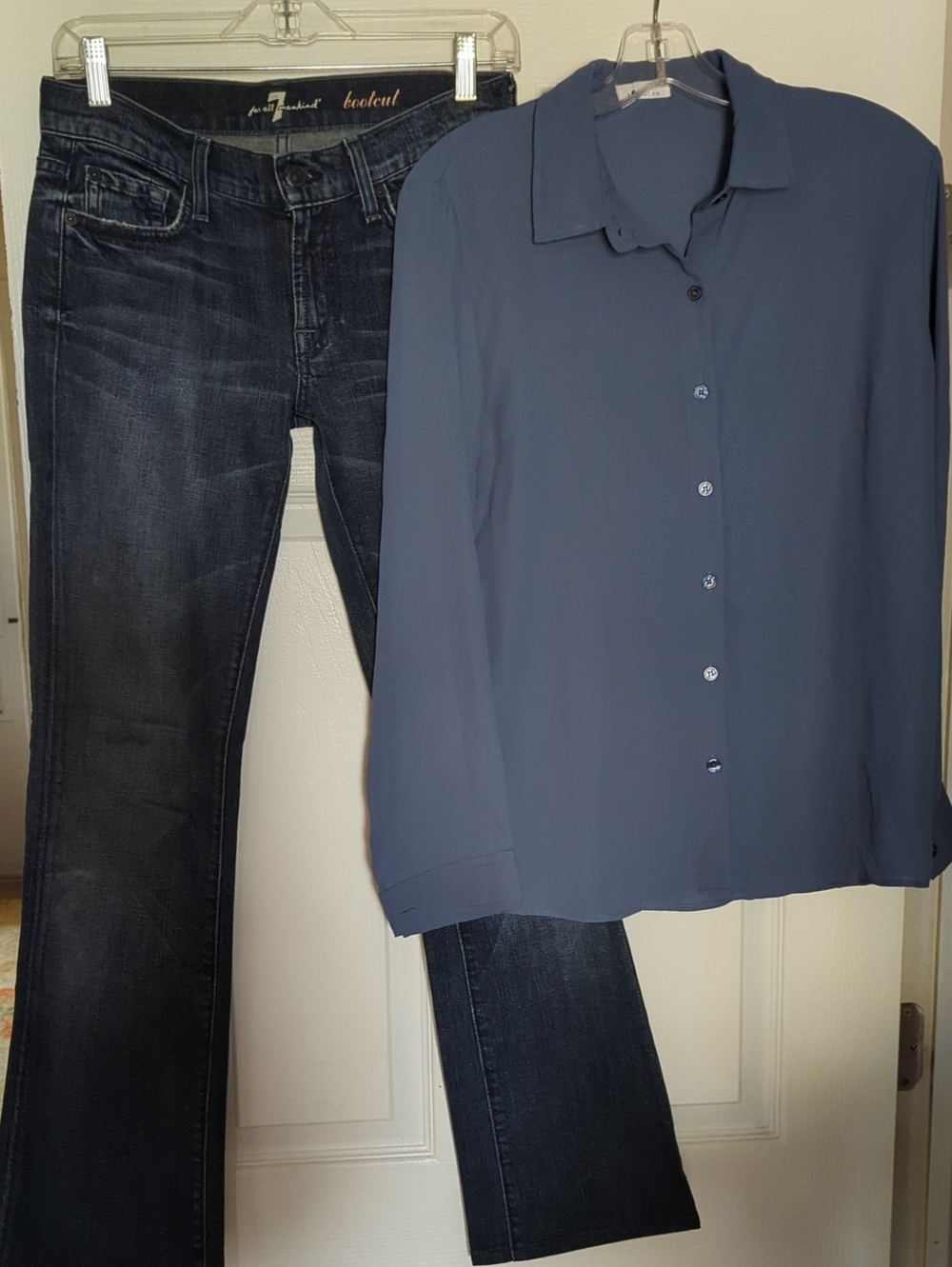 *Outfit* 7 for all Mankind Bootcut Blue Jeans (27) And X.Jeng Blouse (XXL)